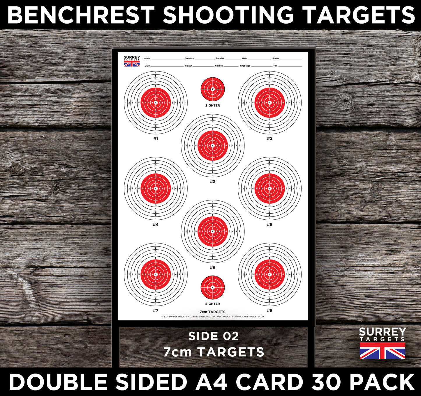 Benchrest Shooting 9cm & 7cm Diameter Targets A4 Card Air Rifle Pistol 2 Sided 30 pack