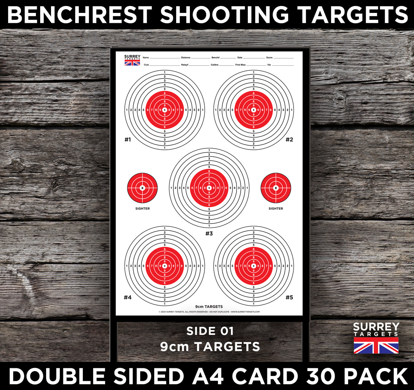 Benchrest Shooting 9cm & 7cm Diameter Targets A4 Card Air Rifle Pistol 2 Sided 30 pack