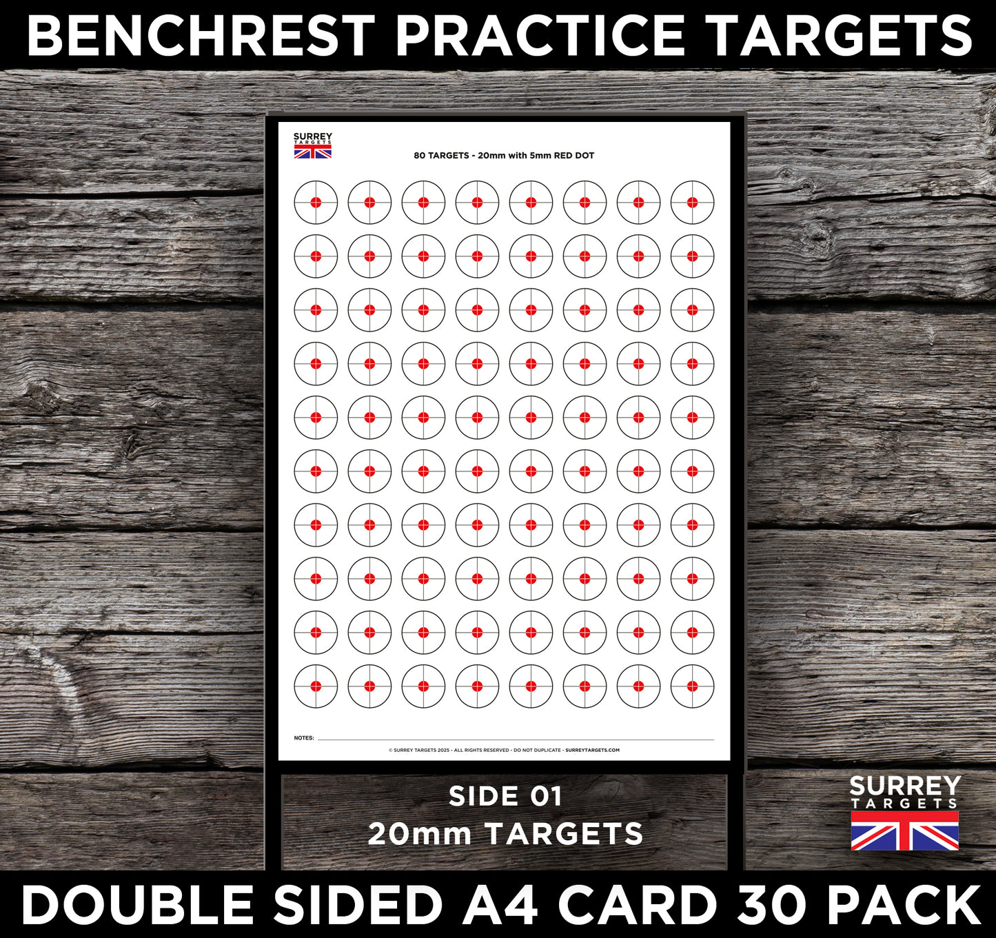 Benchrest Training & Practice Targets - 25yd/m & 50yd/m - Double Sided A4 Size Card - 30 Pack