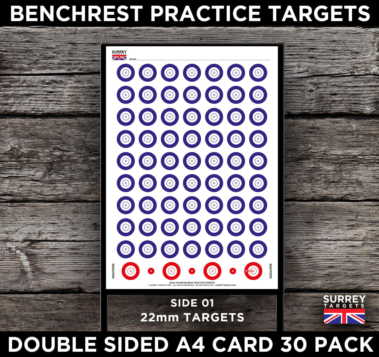 Benchrest Training & Practice Targets - 25yd/m - Double Sided A4 Size Card - 30 Pack