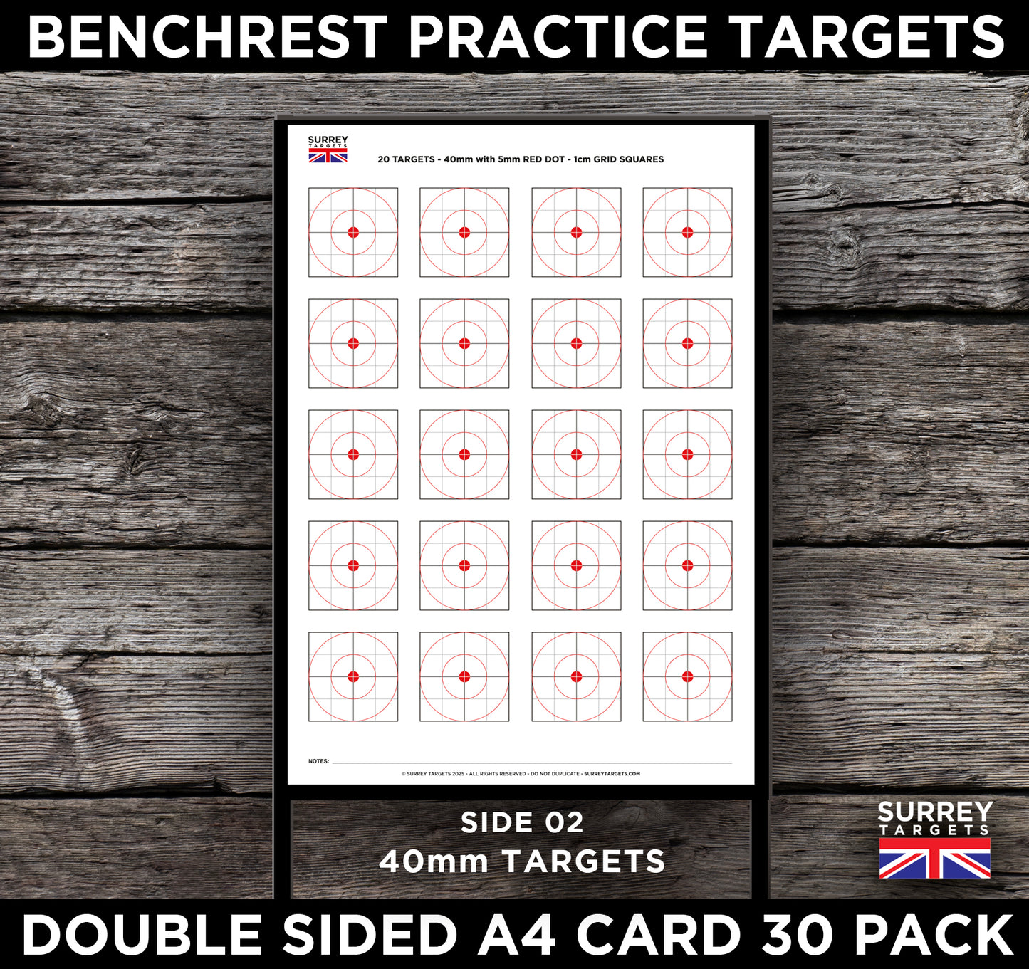 Benchrest Training & Practice Targets - 25yd/m & 50yd/m - Double Sided A4 Size Card - 30 Pack
