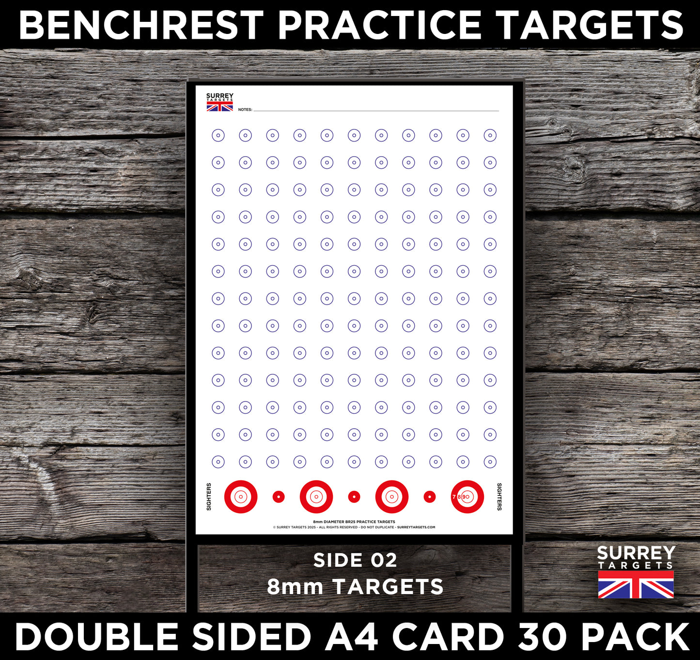 Benchrest Training & Practice Targets - 25yd/m - Double Sided A4 Size Card - 30 Pack