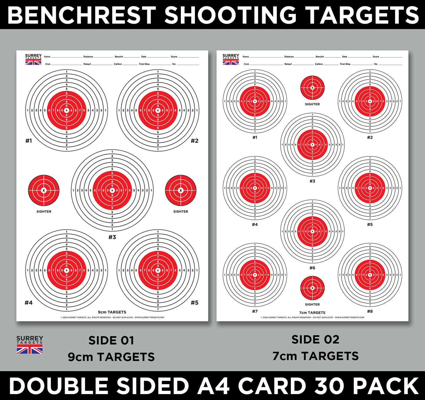 Benchrest Shooting 9cm & 7cm Diameter Targets A4 Card Air Rifle Pistol 2 Sided 30 pack