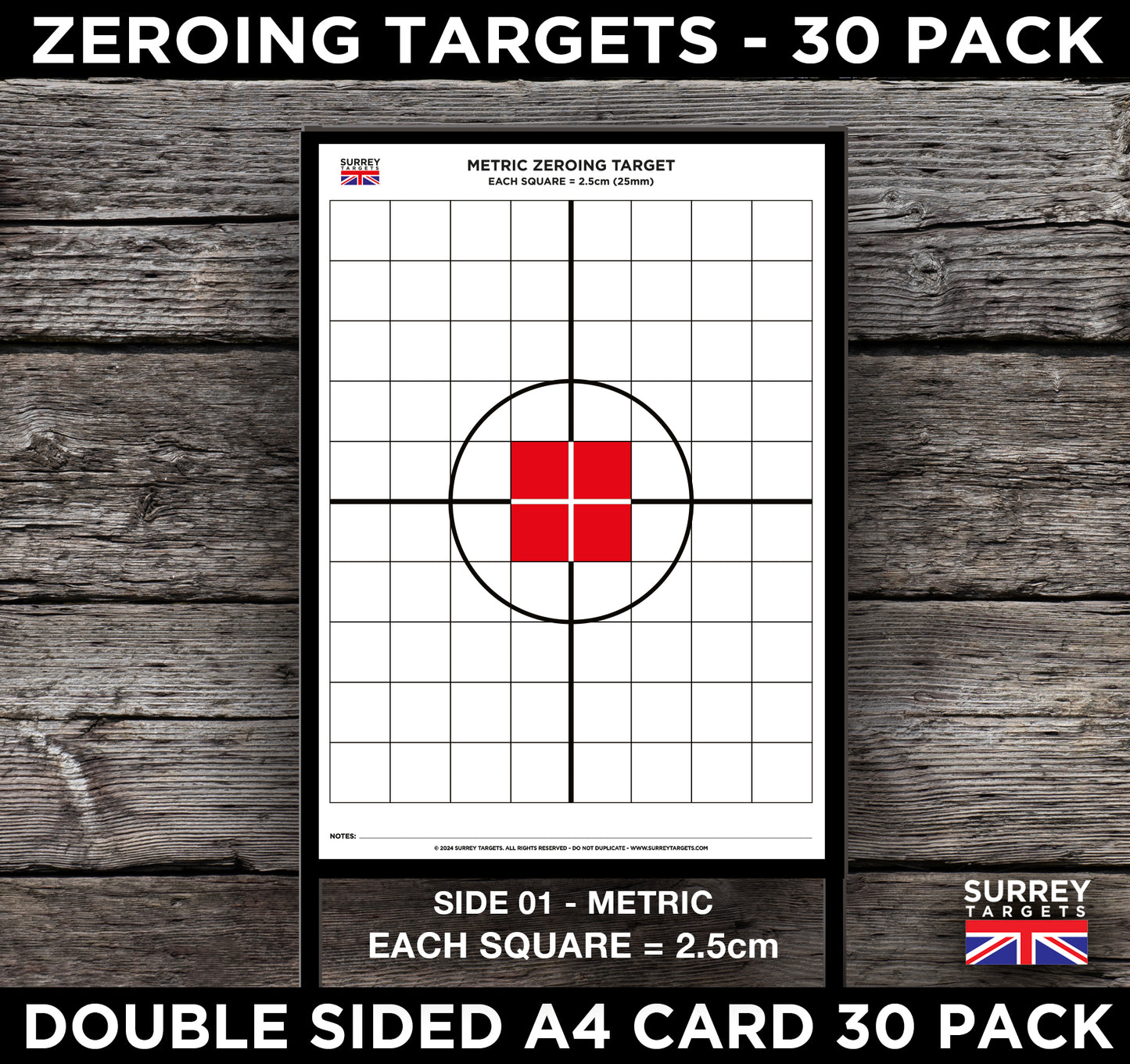 ZEROING TARGETS Centrefire Full Bore Rifle Deer Stalking A4 Double Sided METRIC & IMPERIAL 30 Pack