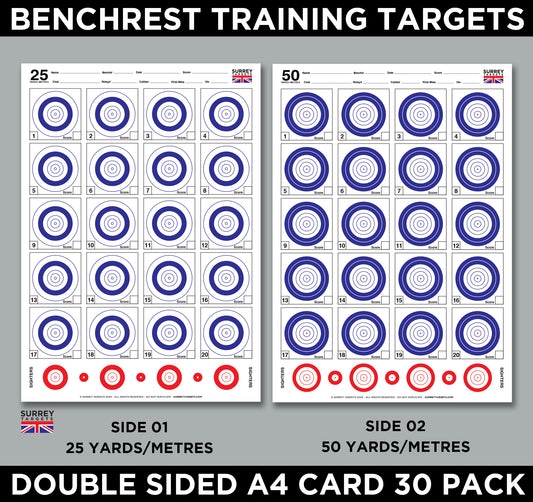 Benchrest Training Targets - 25yd/m & 50yd/m - Double Sided A4 Size Card - 30 Pack