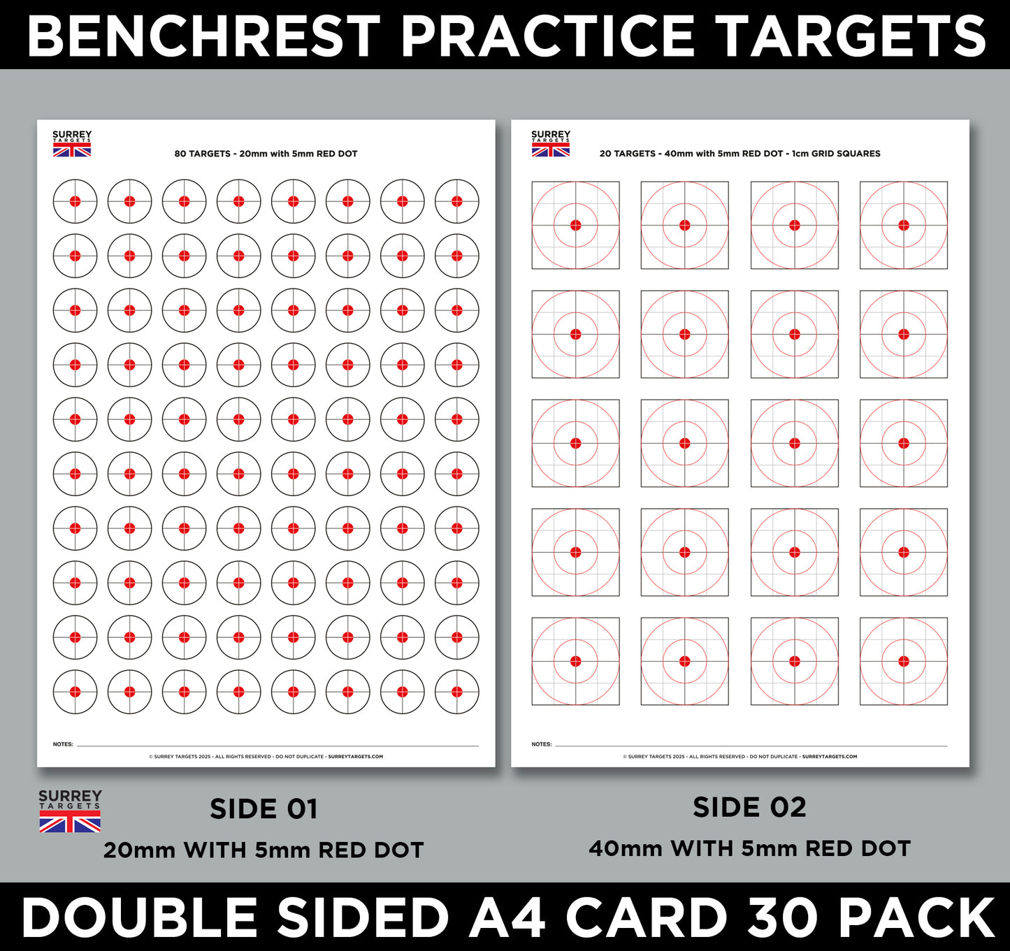 Benchrest Training & Practice Targets - 25yd/m & 50yd/m - Double Sided A4 Size Card - 30 Pack