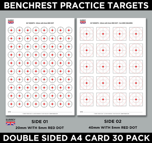 Benchrest Training & Practice Targets - 25yd/m & 50yd/m - Double Sided A4 Size Card - 30 Pack