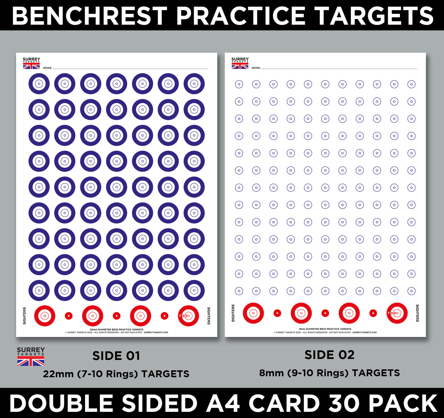 Benchrest Training & Practice Targets - 25yd/m - Double Sided A4 Size Card - 30 Pack
