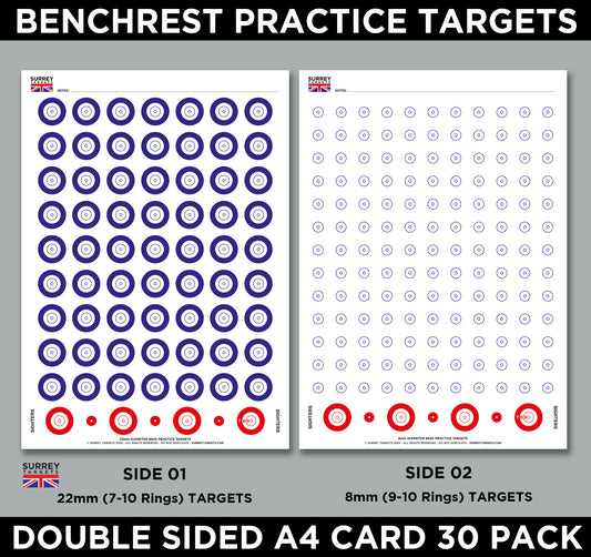 Benchrest Training & Practice Targets - 25yd/m - Double Sided A4 Size Card - 30 Pack