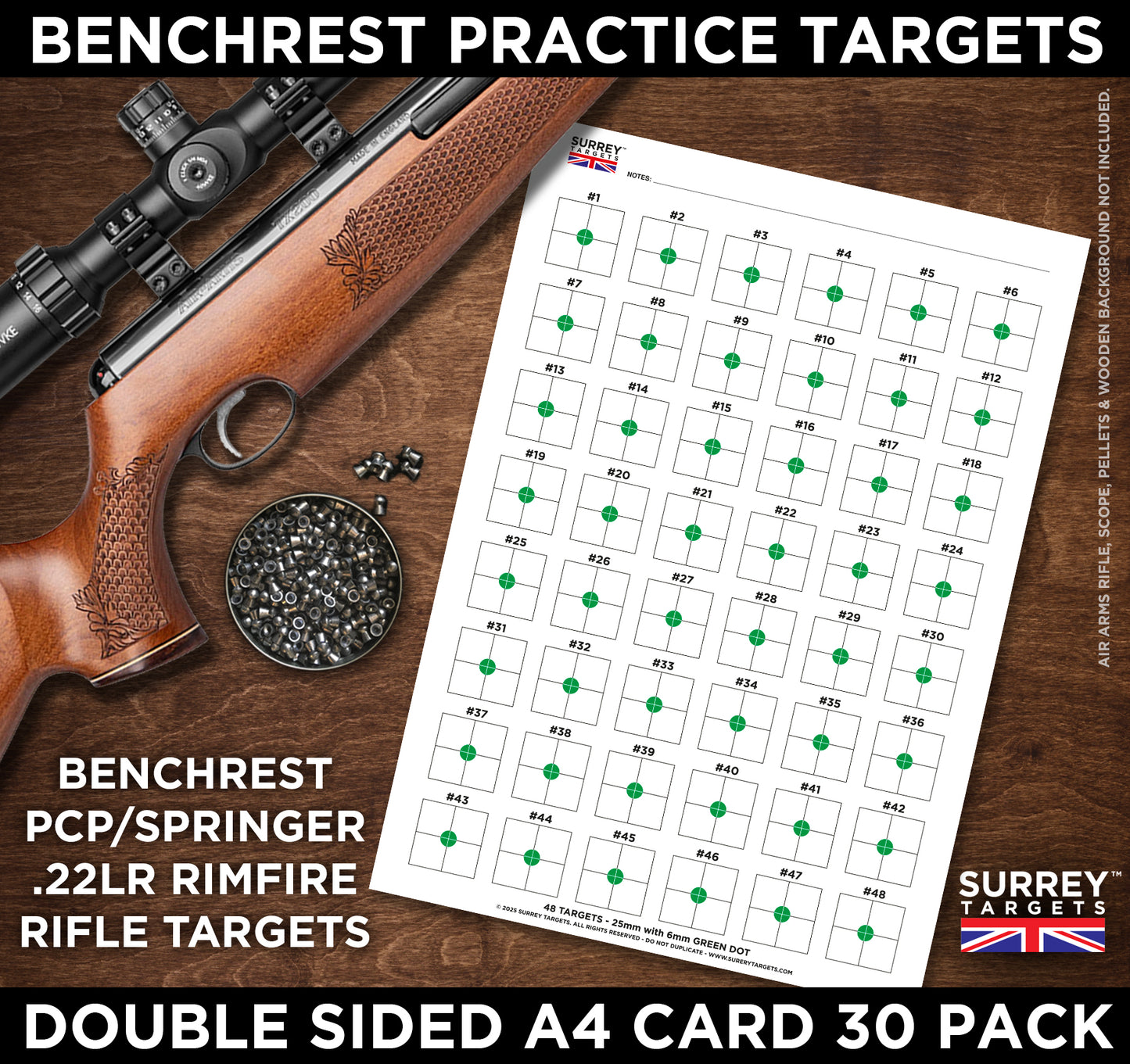 BENCHREST Shooting Targets 25mm GREEN DOT A4 Sheets Airsoft PCP Rifle Rimfire 2 Sided Card 30 Pack
