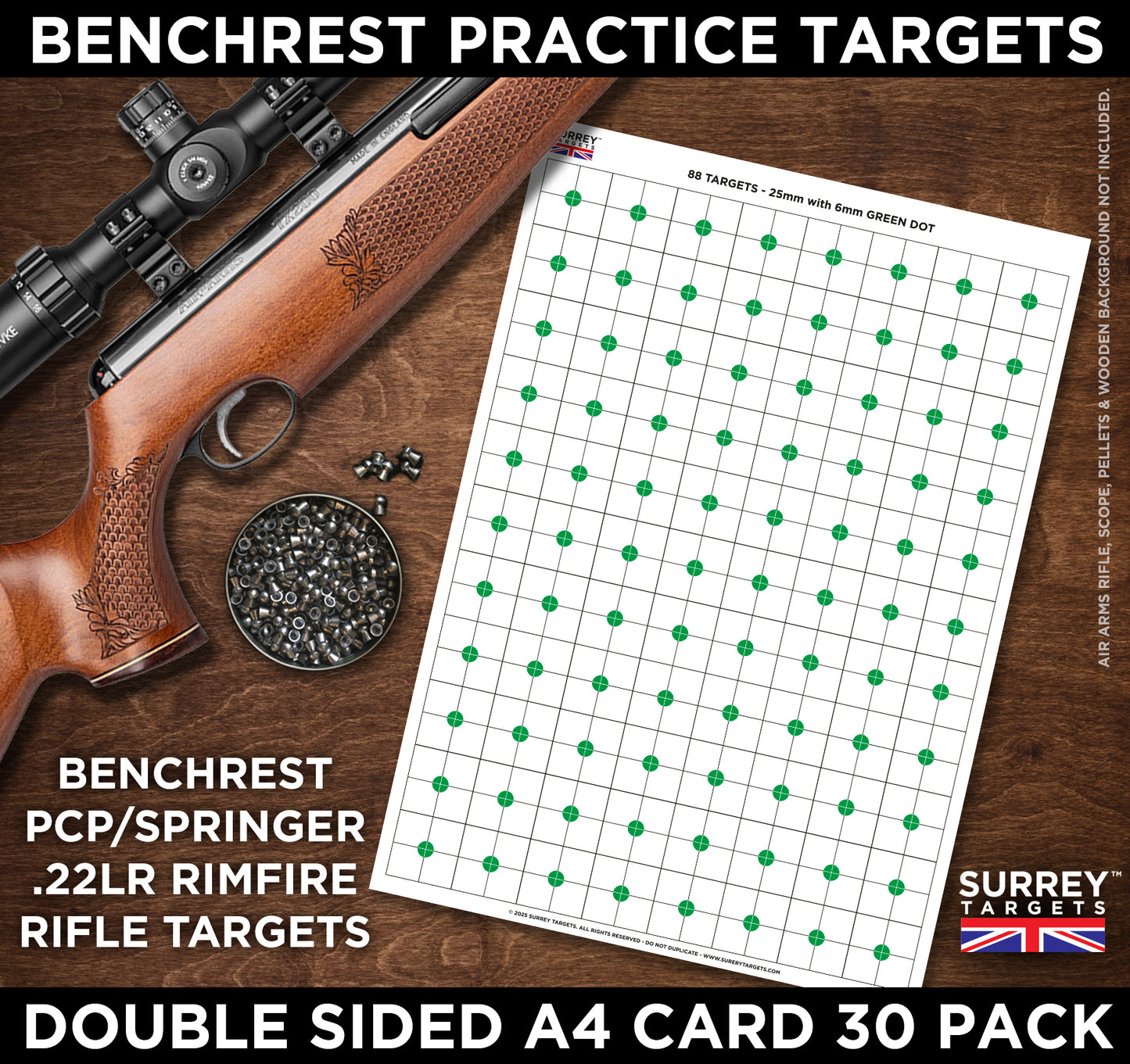 BENCHREST Shooting Targets 25mm GREEN DOT A4 Sheets Airsoft PCP Rifle Rimfire 2 Sided Card 30 Pack