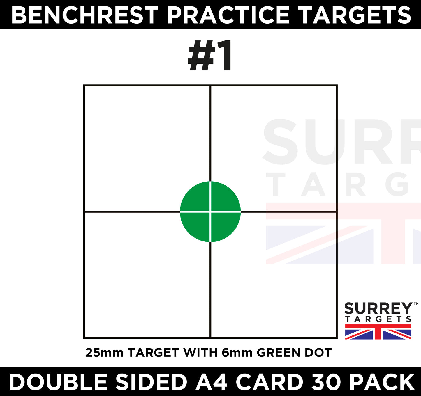 BENCHREST Shooting Targets 25mm GREEN DOT A4 Sheets Airsoft PCP Rifle Rimfire 2 Sided Card 30 Pack