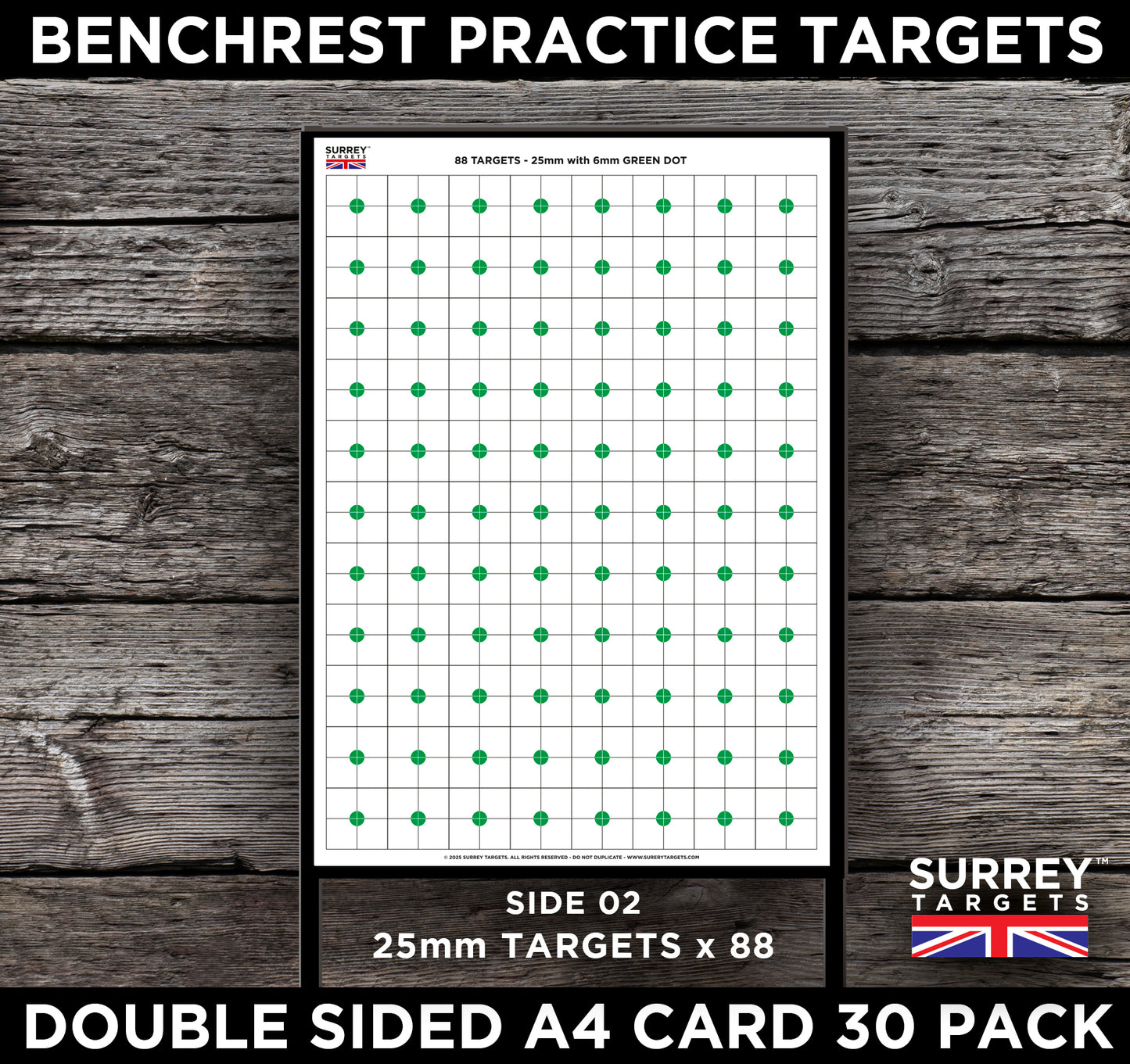 BENCHREST Shooting Targets 25mm GREEN DOT A4 Sheets Airsoft PCP Rifle Rimfire 2 Sided Card 30 Pack