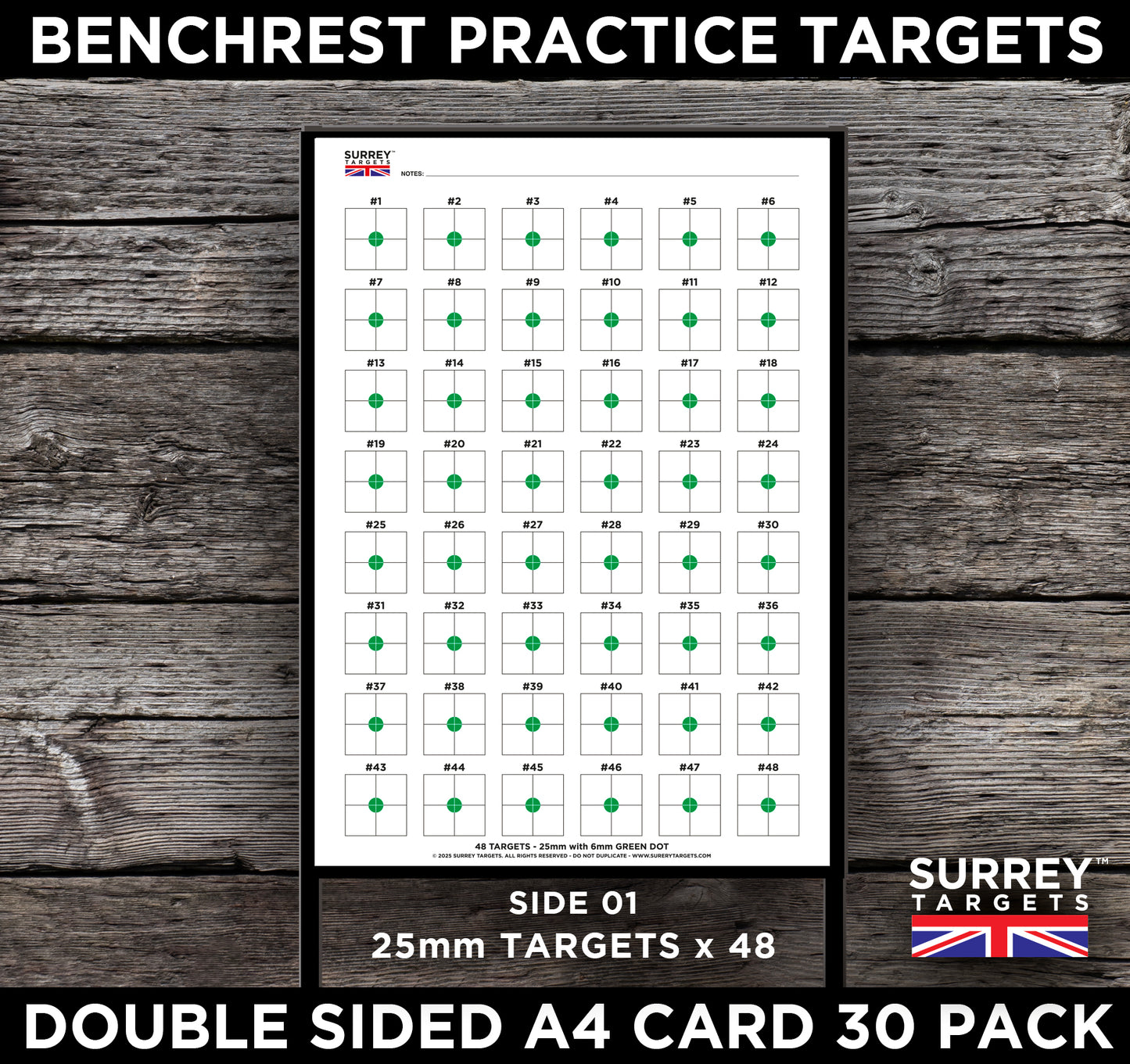 BENCHREST Shooting Targets 25mm GREEN DOT A4 Sheets Airsoft PCP Rifle Rimfire 2 Sided Card 30 Pack