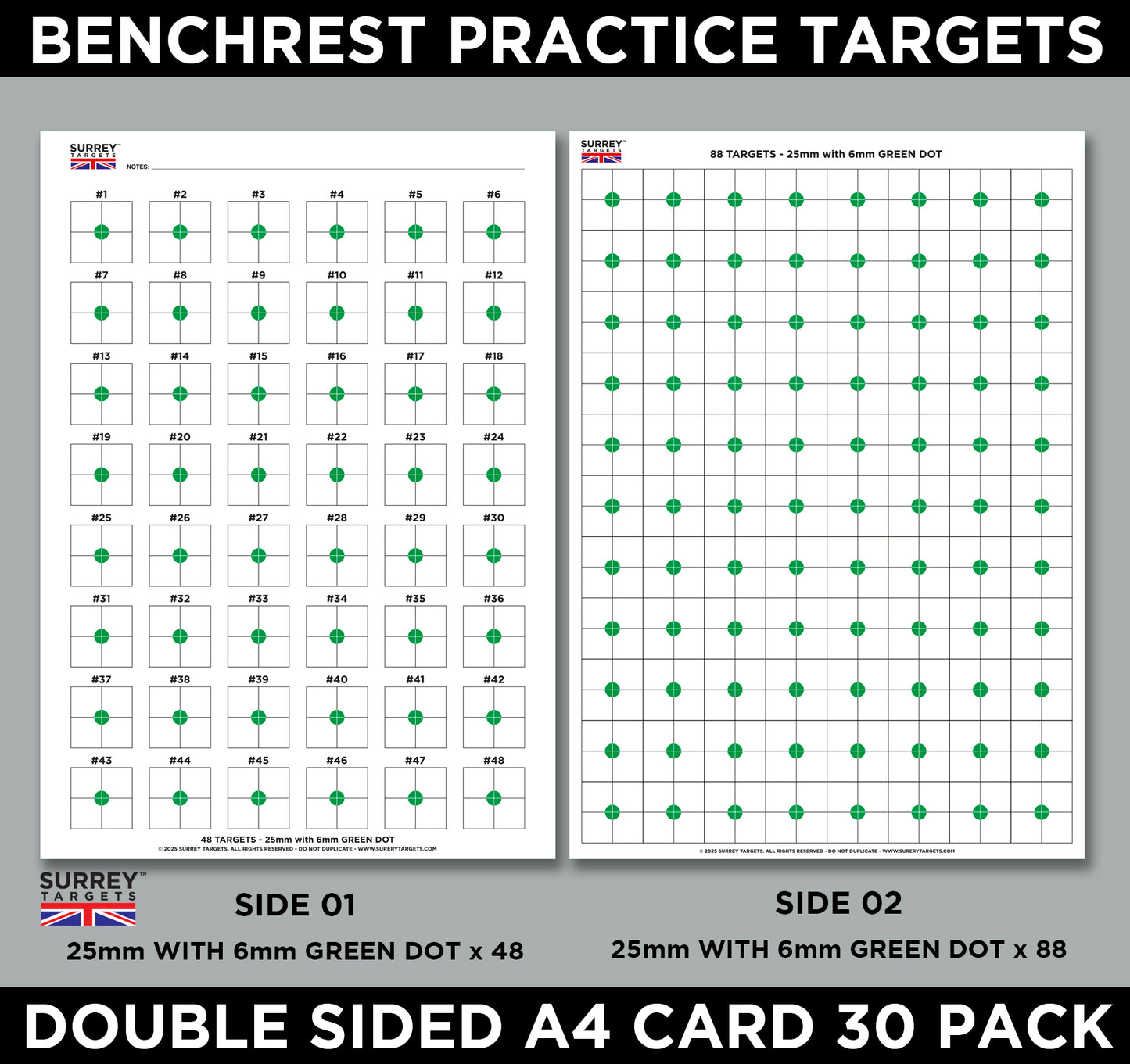 BENCHREST Shooting Targets 25mm GREEN DOT A4 Sheets Airsoft PCP Rifle Rimfire 2 Sided Card 30 Pack