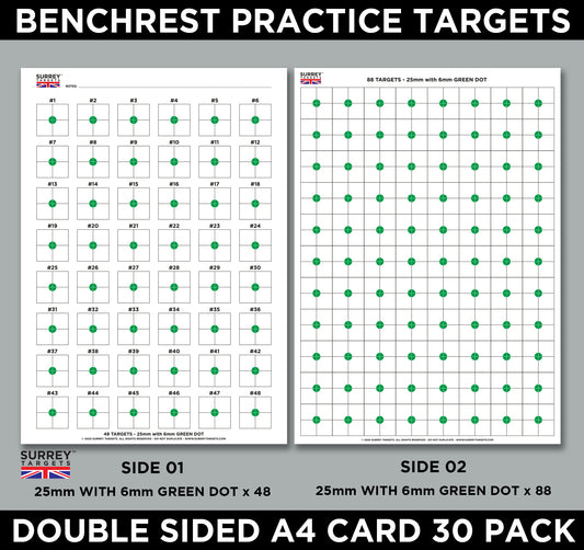BENCHREST Shooting Targets 25mm GREEN DOT A4 Sheets Airsoft PCP Rifle Rimfire 2 Sided Card 30 Pack