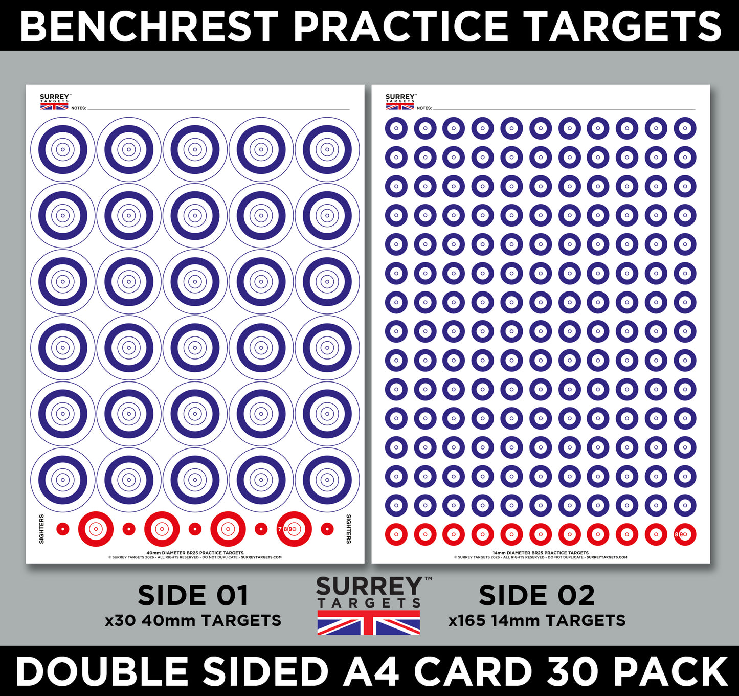 Benchrest Training & Practice Targets - 25yd/m - A4 Size Double Sided Card - 30 Pack