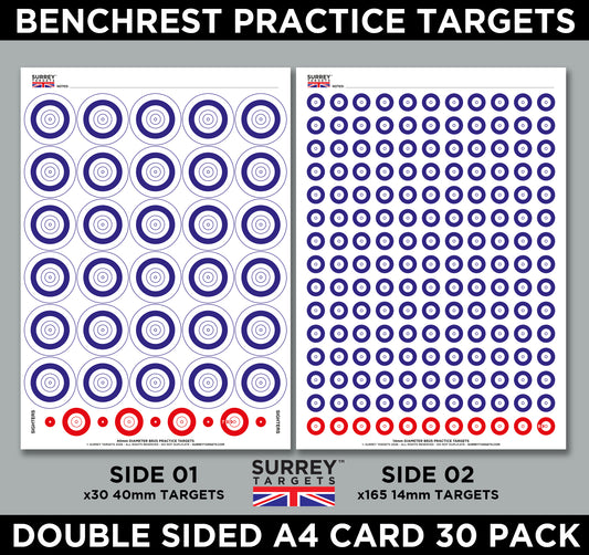 Benchrest Training & Practice Targets - 25yd/m - A4 Size Double Sided Card - 30 Pack