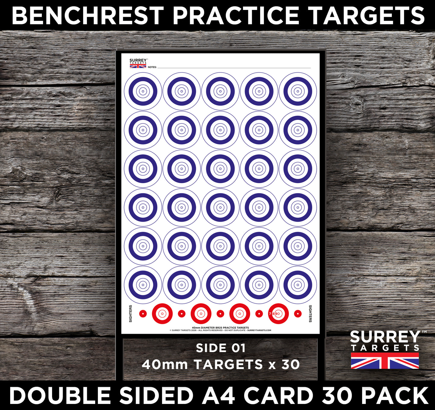 Benchrest Training & Practice Targets - 25yd/m - A4 Size Double Sided Card - 30 Pack
