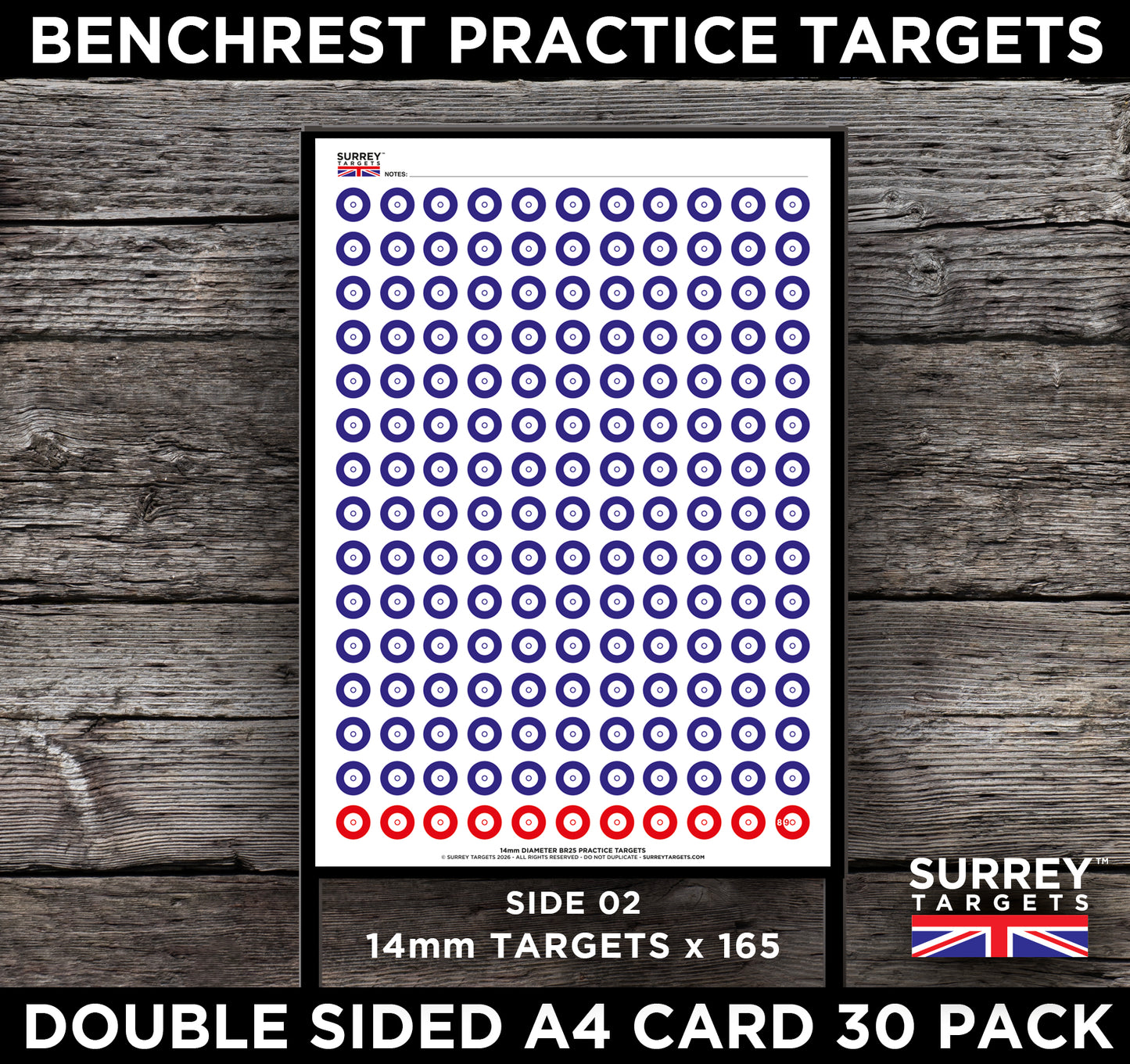 Benchrest Training & Practice Targets - 25yd/m - A4 Size Double Sided Card - 30 Pack