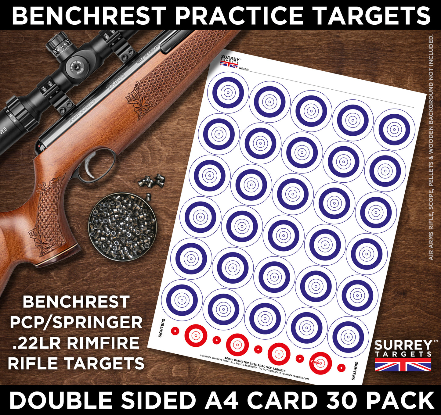 Benchrest Training & Practice Targets - 25yd/m - A4 Size Double Sided Card - 30 Pack