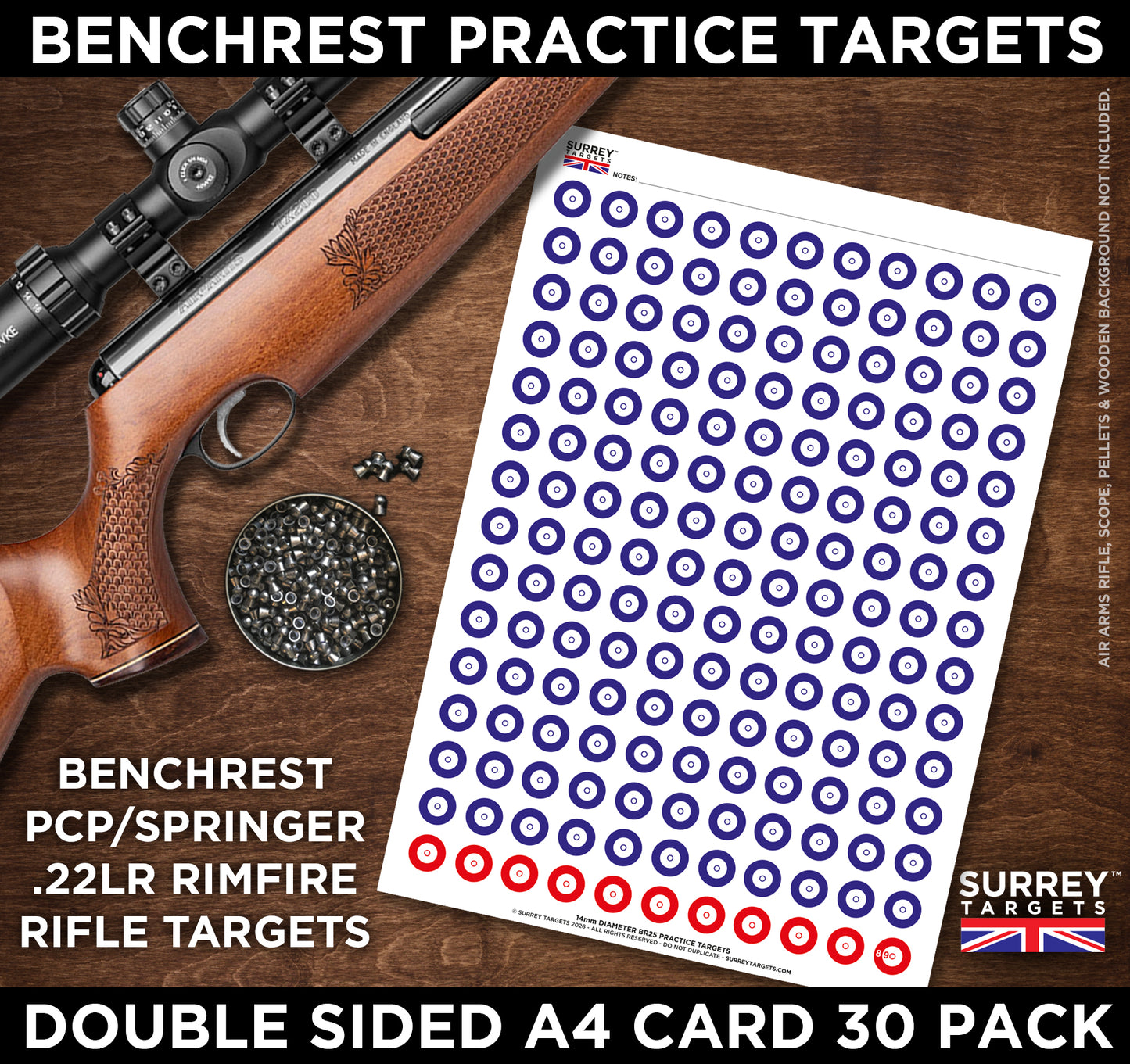 Benchrest Training & Practice Targets - 25yd/m - A4 Size Double Sided Card - 30 Pack
