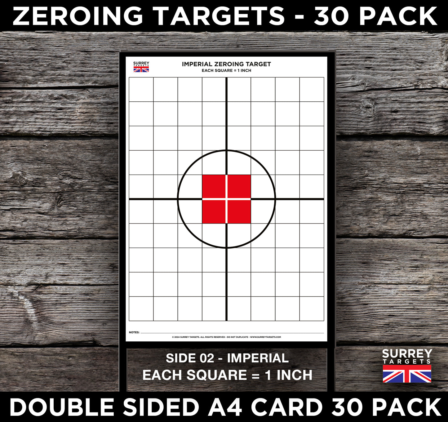 ZEROING TARGETS Centrefire Full Bore Rifle Deer Stalking A4 Double Sided METRIC & IMPERIAL 30 Pack