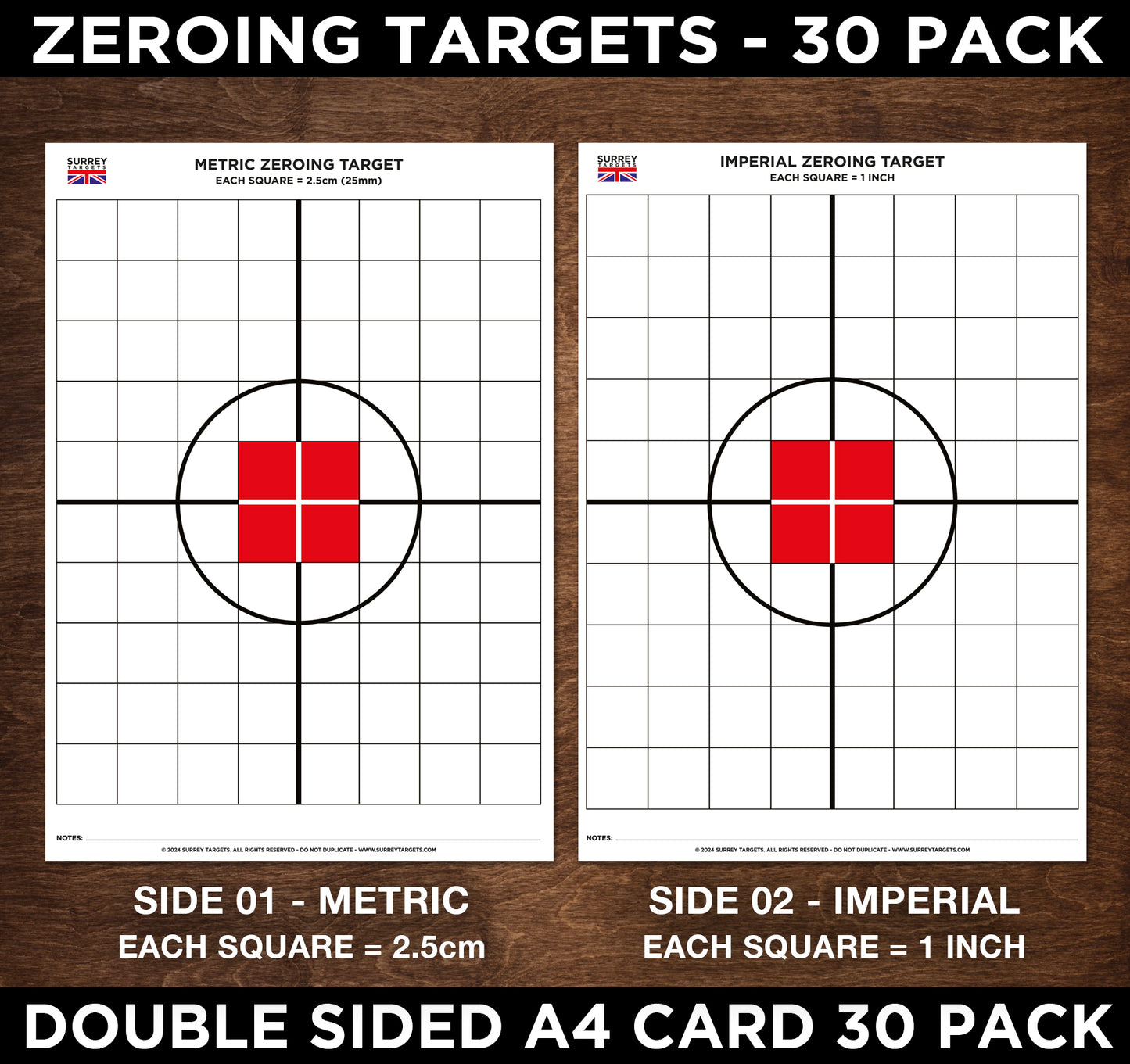 ZEROING TARGETS Centrefire Full Bore Rifle Deer Stalking A4 Double Sided METRIC & IMPERIAL 30 Pack