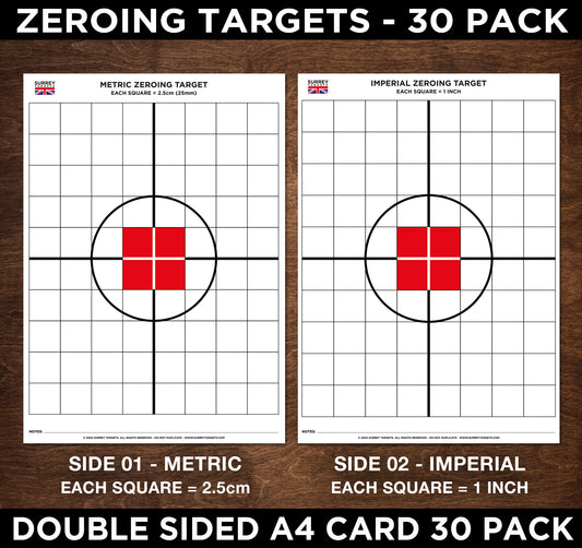 ZEROING TARGETS Centrefire Full Bore Rifle Deer Stalking A4 Double Sided METRIC & IMPERIAL 30 Pack