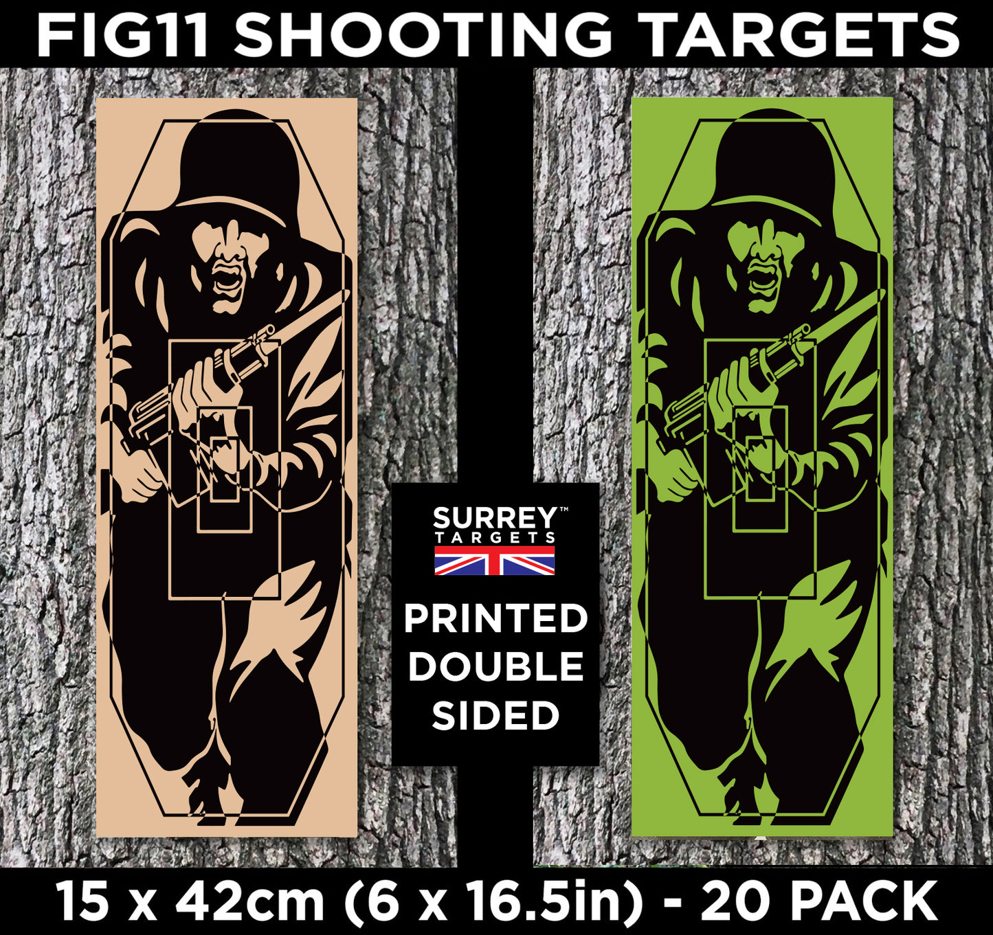 FIG 11 SHOOTING TARGETS - 15cm x 42cm - Double Sided - Buff & Green - 20 Pack