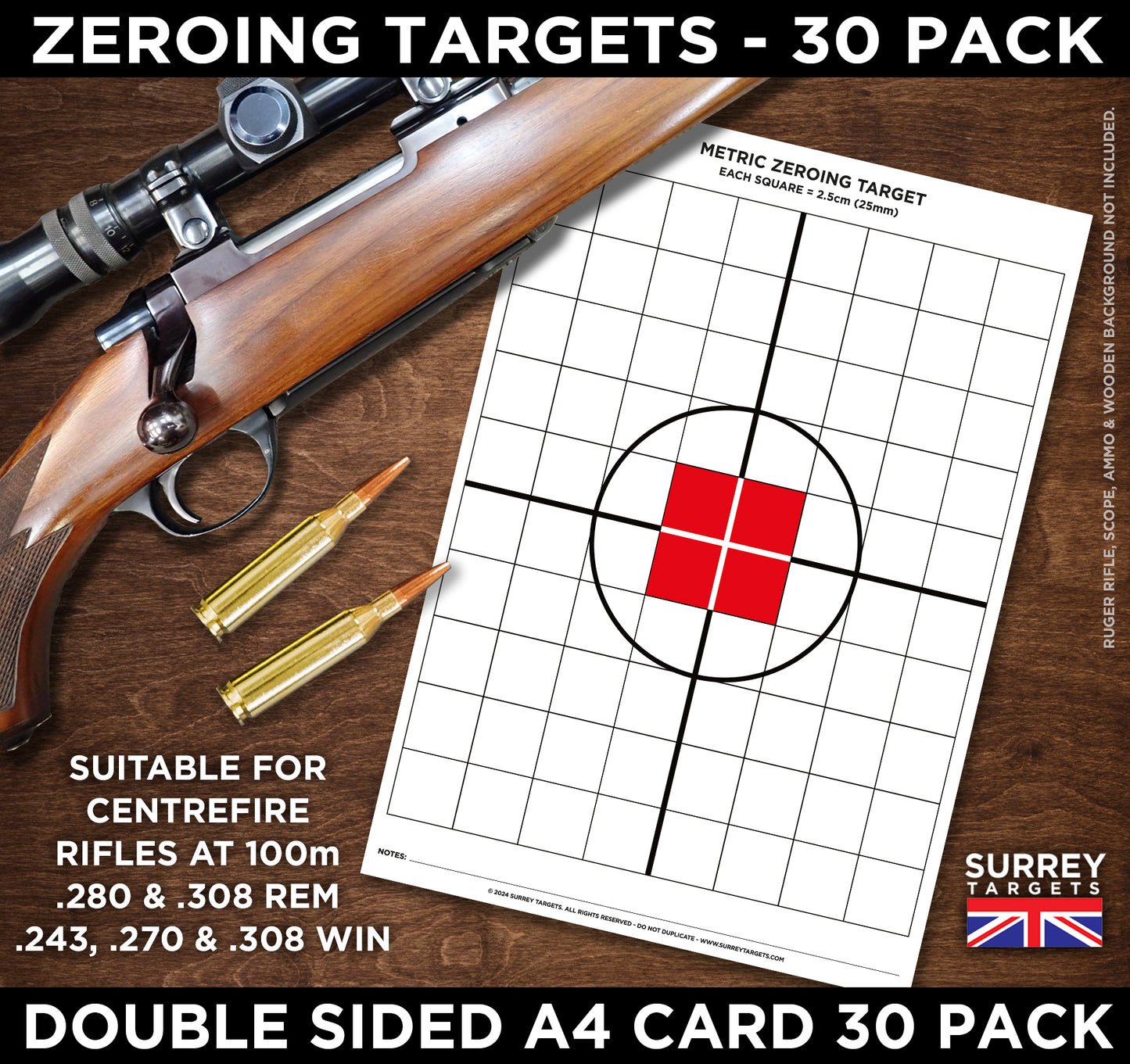 ZEROING TARGETS Centrefire Full Bore Rifle Deer Stalking A4 Double Sided METRIC & IMPERIAL 30 Pack