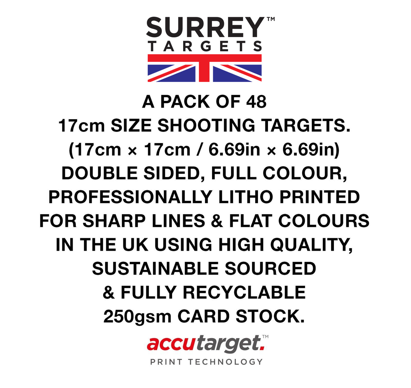 BENCHREST 25m/yd Competition & Practice. To fit 17cm Target Holders. Double Sided Card. Pack of 48