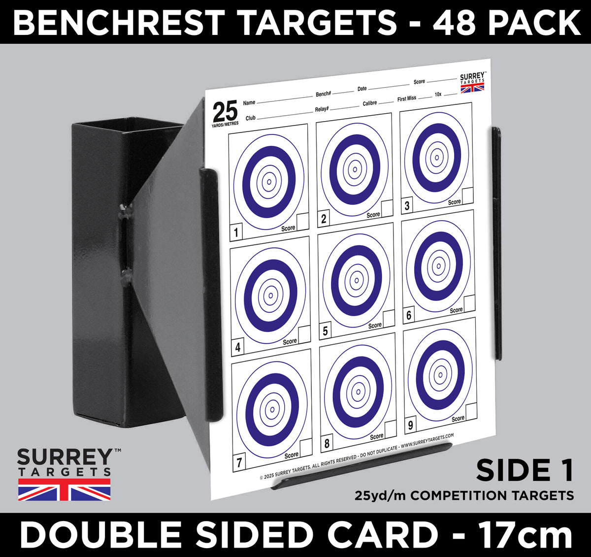 BENCHREST 25m/yd Competition & Practice. To fit 17cm Target Holders. Double Sided Card. Pack of 48