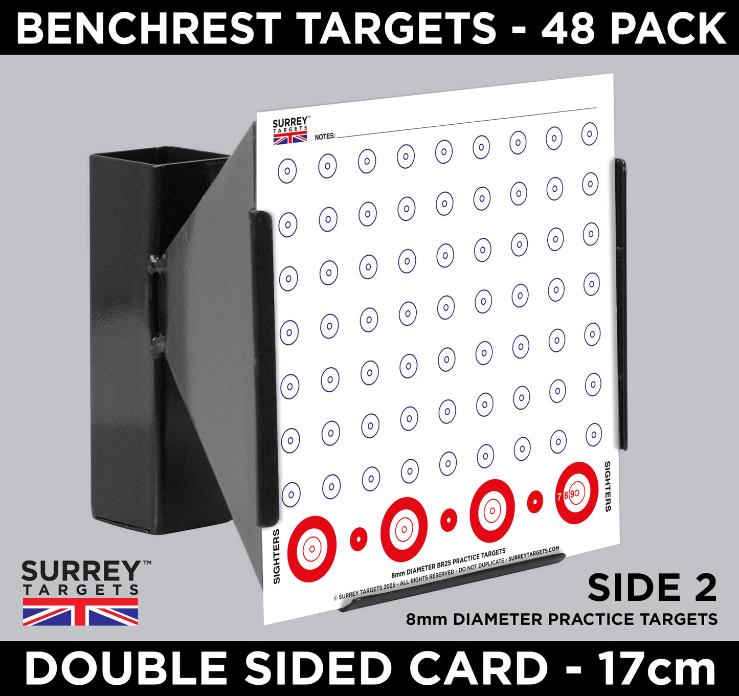 BENCHREST 25m/yd Competition & Practice. To fit 17cm Target Holders. Double Sided Card. Pack of 48