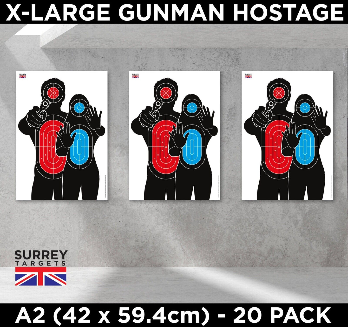 Large A2 Gunman Hostage Silhouette Shooting Targets - 20 Pack Quality 130gsm Paper